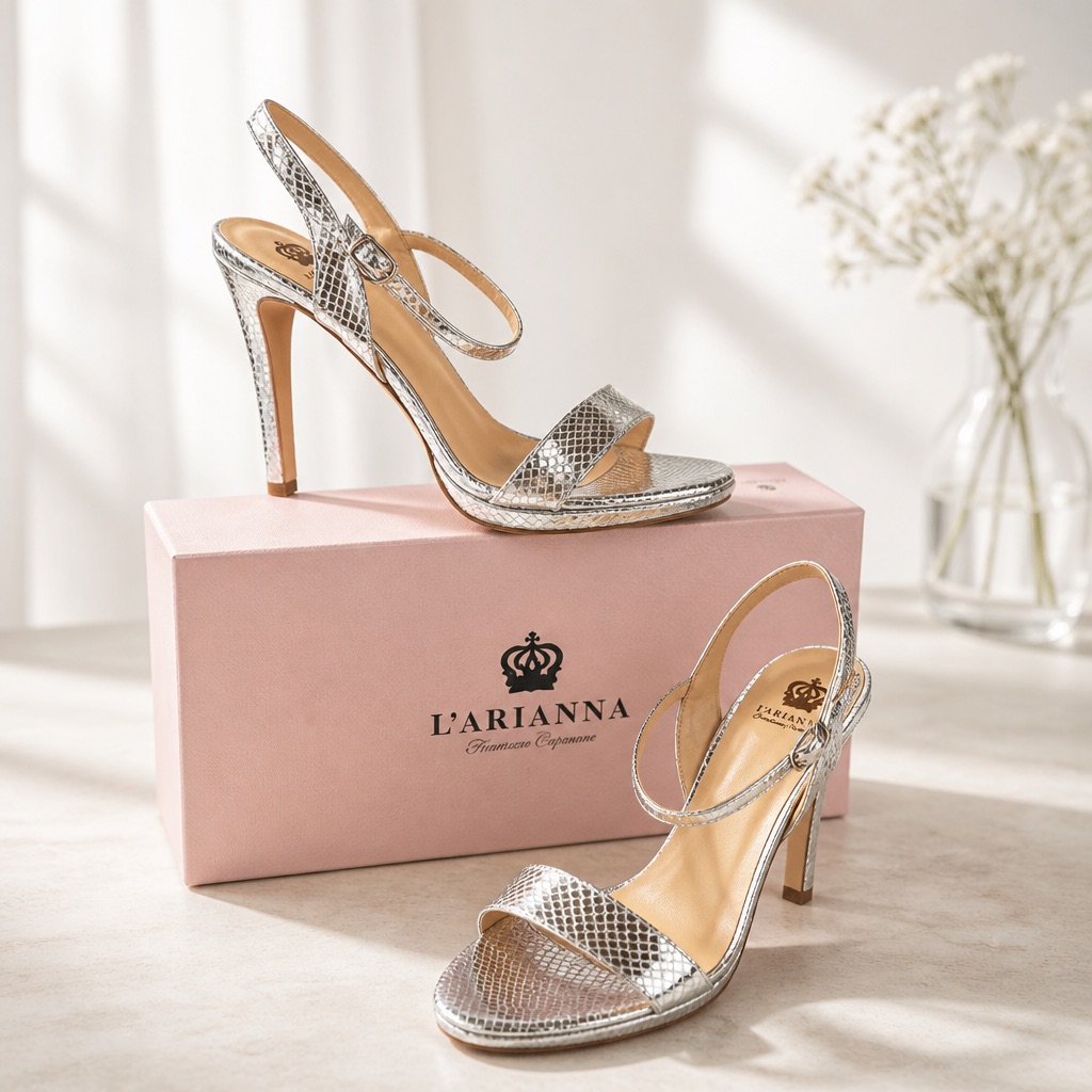 Lâarianna Womenâs Silver Metallic Snake-Embossed Leather High Heel Sandals